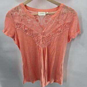 Anthropolgie x Deletta Peach Linen/Cotton Lace Embroidered Short Sleeved top